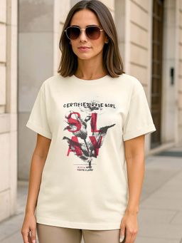 Bewakoof - Women's Beige Slay Graphic Printed Boyfriend T-Shirt