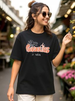 Bewakoof - Women Black Paradise Graphic Printed Oversized T-shirt