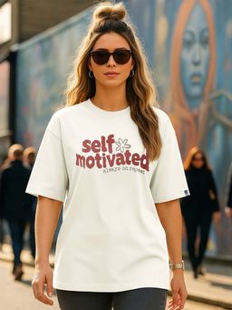 Bewakoof - Women Gardenia Self Motivated Beige Typography Oversized T-shirt