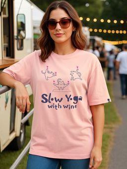 Bewakoof - Women Mellow Rose Pink Slow Yoga Graphic Printed Oversized T-shirt