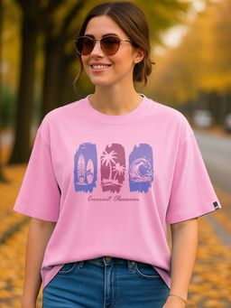 Bewakoof - Women Prism Pink Obsession Graphic Printed Oversized T-shirt