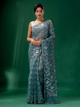 CHARUKRITI - Teal Cotton Silk Handwoven Soft Jamdani Saree without Blouse