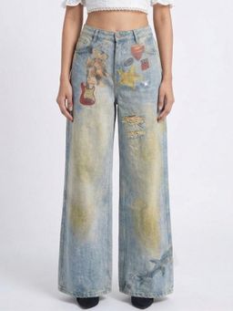 Global Republic - Blue Printed Loose Fit Jeans