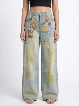 Global Republic - Blue Printed Loose Fit Jeans