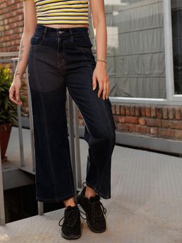 STREET 9 - Navy Blue Solid Plain Wide Fit Jeans