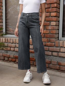 STREET 9 - Grey Solid Plain Wide Fit Jeans