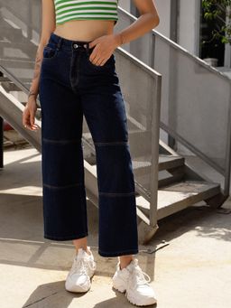 STREET 9 - Navy Blue Solid Plain Wide Fit Jeans