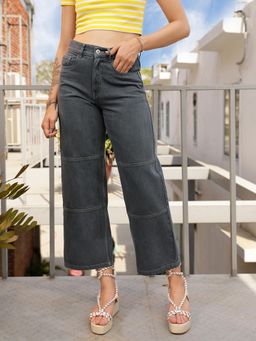 STREET 9 - Grey Solid Plain Wide Fit Jeans