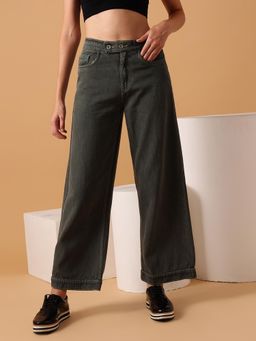 STREET 9 - Grey Solid Plain Wide Fit Jeans
