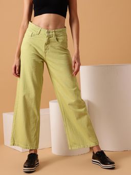 STREET 9 - Green Solid Plain Wide Fit Jeans
