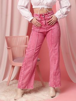STREET 9 - Pink Solid Plain Straight Fit Jeans