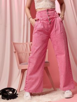 STREET 9 - Pink Solid Plain Wide Fit Jeans