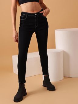 STREET 9 - Black Solid Plain Skinny Fit Jeans