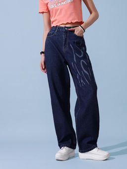 STREET 9 - Blue Solid Plain Straight Fit Jeans
