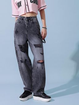 STREET 9 - Grey Solid Plain Straight Fit Jeans