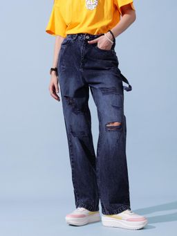 STREET 9 - Blue Solid Plain Straight Fit Jeans