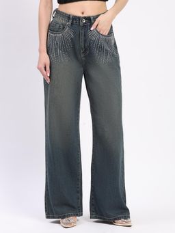 Global Republic - Blue Embellished Sequined Straight Fit Jeans