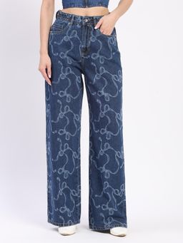Global Republic - Blue Printed Straight Fit Jeans