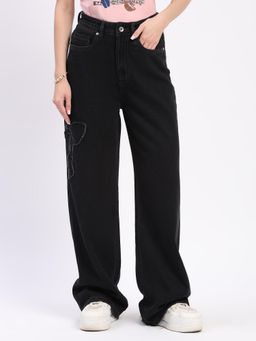 Global Republic - Black Self Design Straight Fit Jeans