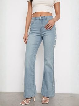 Outzidr - Blue Solid Plain Wide Fit Jeans