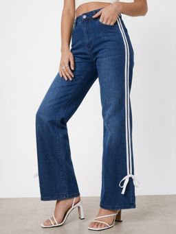 Outzidr - Navy Blue Stripes Regular Fit Jeans
