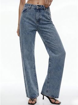 Outzidr - Blue Embellished Sequined Regular Fit Jeans