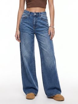 Outzidr - Blue Solid Plain Wide Fit Jeans