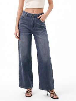 Outzidr - Navy Blue Solid Plain Regular Fit Jeans