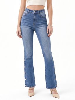 Outzidr - Blue Solid Plain Flared Fit Jeans