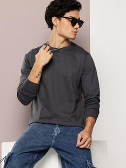 DILLINGER - Mens Regular Fit Long Sleeve Plain Dark Grey T-Shirt