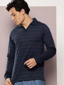 DILLINGER - Mens Regular Fit Long Sleeve Yarn Dyed Navy Blue Polo T-Shirt