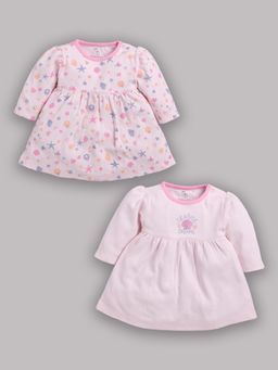 BABY GO - Girls Pink Cotton Printed Knee Length Dress (Pack of 2)