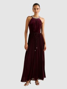 Forever New - Women Burgundy Pleated Midi Dress with Belt