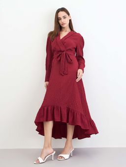 Styli - Women Maroon Textured Flare Dress with Belt