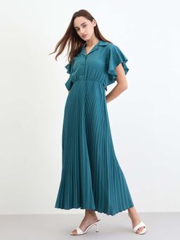 Styli - Women Teal Pleated A-Line Maxi Dress