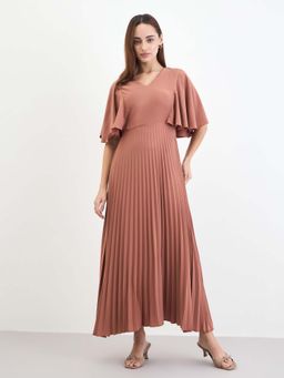 Styli - Women Brown Pleated A-Line Maxi Dress
