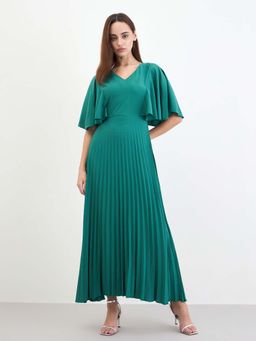 Styli - Women Green Pleated A-Line Maxi Dress