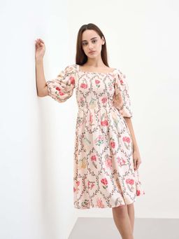 Styli - Women Beige Floral Knee Length Dress