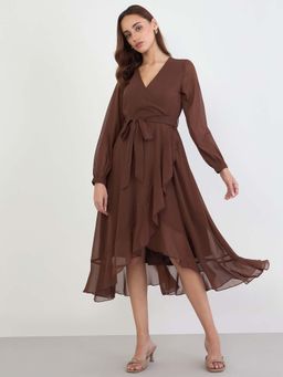 Styli - Women Brown Solid Wrap Midi Dress with Belts