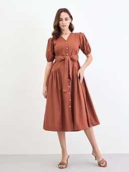 Styli - Women Brown Solid Shirt Dress with Belt