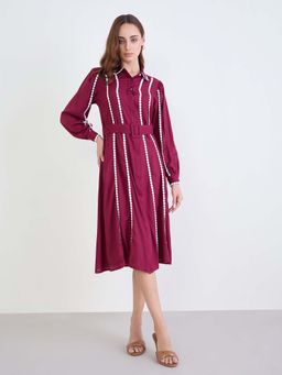 Styli - Women Maroon Embroidered Midi Dress with Belt