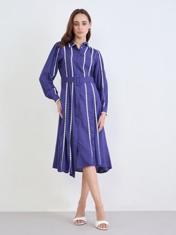 Styli - Women Blue Embroidered Midi Dress with Belt