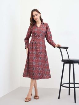 Styli - Women Maroon Printed Midi Dress