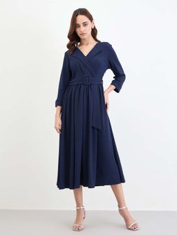 Styli - Women Navy Blue Solid A-Line Midi Dress with Belt