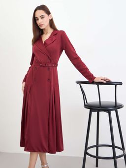 Styli - Women Maroon Solid Midi Dress with Belt