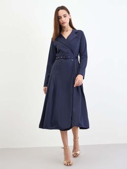 Styli - Women Navy Blue Solid Midi Dress with Belt