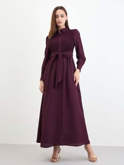 Styli - Women Purple Textured Maxi Dress with Belt