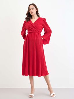 Styli - Women Red Textured Midi Dress