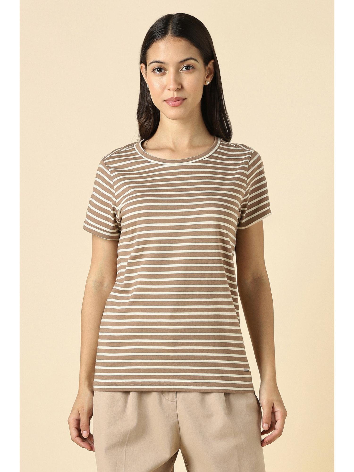 allen solly Women Beige Stripe Casual T-Shirt-picture-13