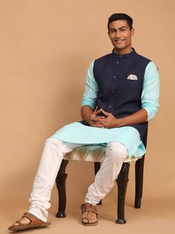 Vastramay - Mens Aqua and White Cotton Blend Jacket - Kurta and Pyjama (Set of 3)